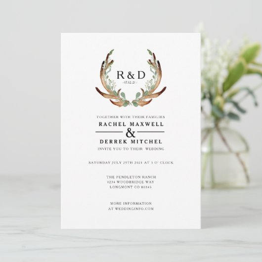 Invitation Aquarelle Rustique Antler | Mariage simple (Debout devant)