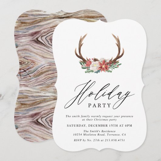 Invitation Aquarelle rustique Antler Noël | Fête (Devant / Derrière)