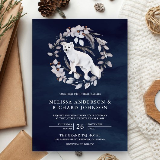 Invitation Aquarelle rustique Arctic Fox Mariage de la marine