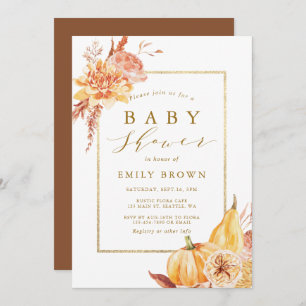 Invitation Aquarelle Rustique Automne Baby shower Floral Or 
