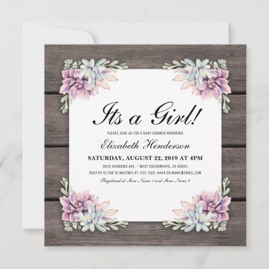 Invitation Aquarelle rustique Baby shower Floral Succulent (Devant)