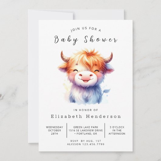 Invitation Aquarelle Rustique Baby shower simple de vache (Devant)