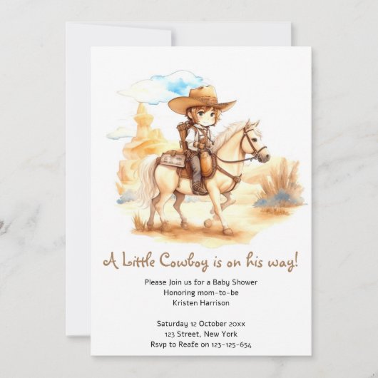Invitation Aquarelle rustique Baby shower Western Cowboy (Devant)