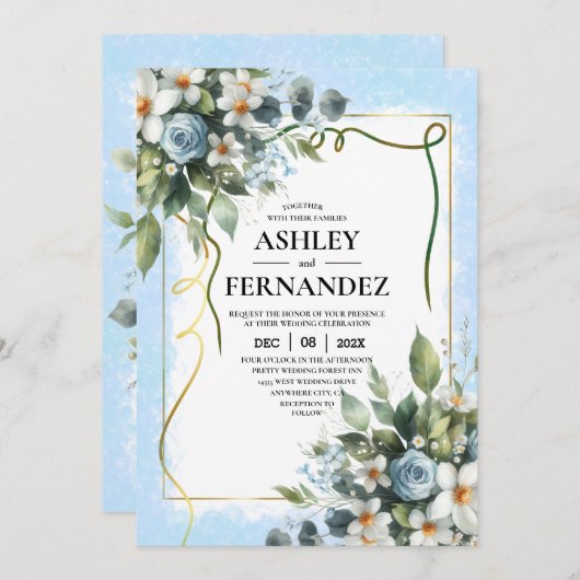 Invitation Aquarelle rustique bleu et or (Devant / Derrière)