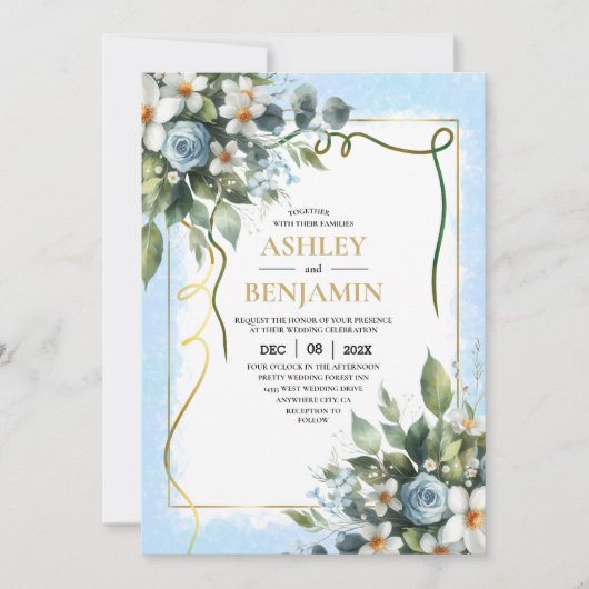 Invitation Aquarelle rustique bleu et or (Devant)