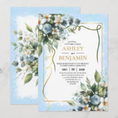 Invitation Aquarelle rustique bleu et or (Devant / Derrière)