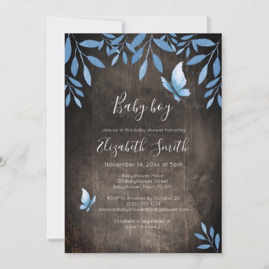 Invitation Aquarelle rustique bleu papillon fleuri babyshower (Devant)