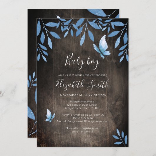 Invitation Aquarelle rustique bleu papillon fleuri babyshower (Devant / Derrière)