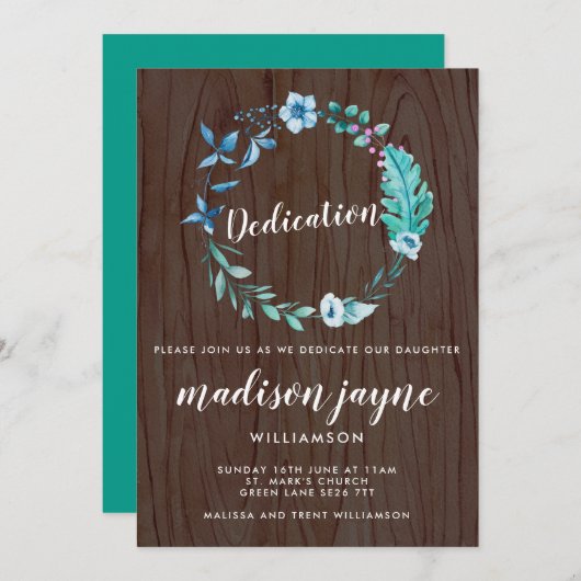 Invitation Aquarelle Rustique Boho Floral Wreath Dedication (Devant / Derrière)