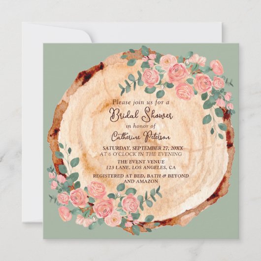 Invitation Aquarelle rustique Bois Slice Sage Vert (Devant)