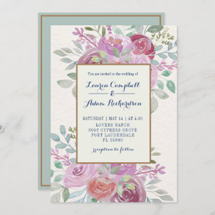 Invitation Aquarelle rustique Bourgogne et Mariage rose
