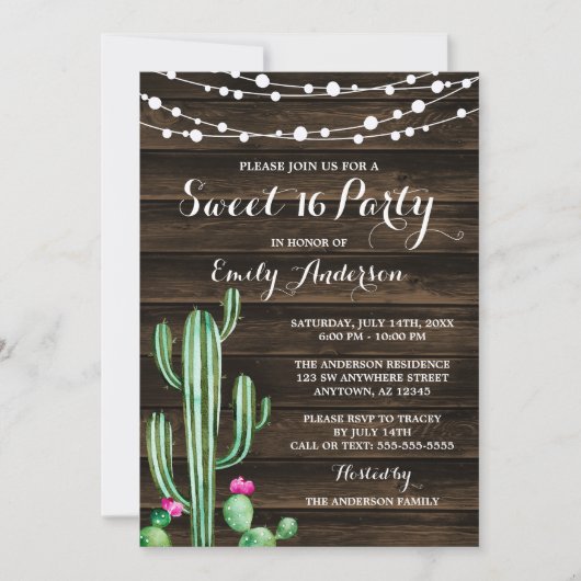Invitation Aquarelle rustique Cactus Grange Bois doux 16 (Devant)