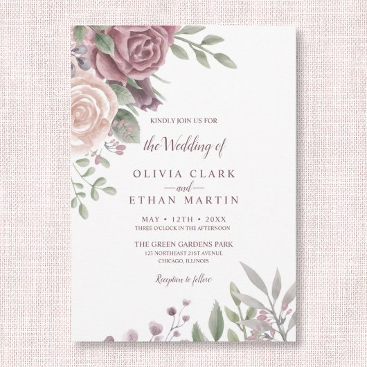 Invitation Aquarelle Rustique Dusty Rose Bouquet floral Invit