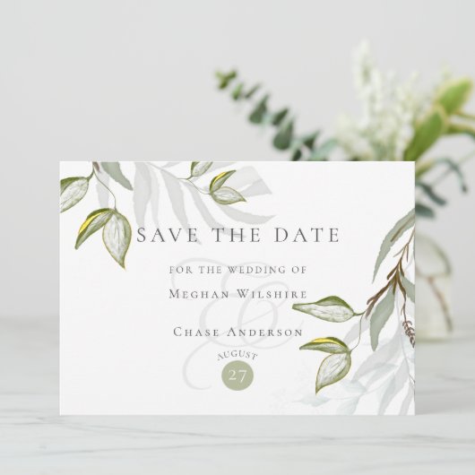 Invitation Aquarelle Rustique Dusty Sage Foliage Enregistrer (Debout devant)