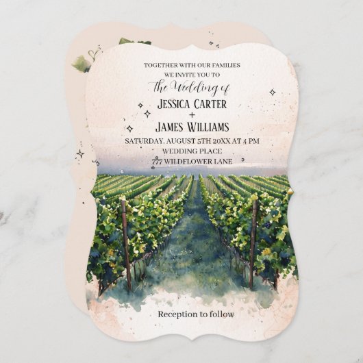 Invitation Aquarelle rustique Élégant Mariage de vignoble (Devant / Derrière)
