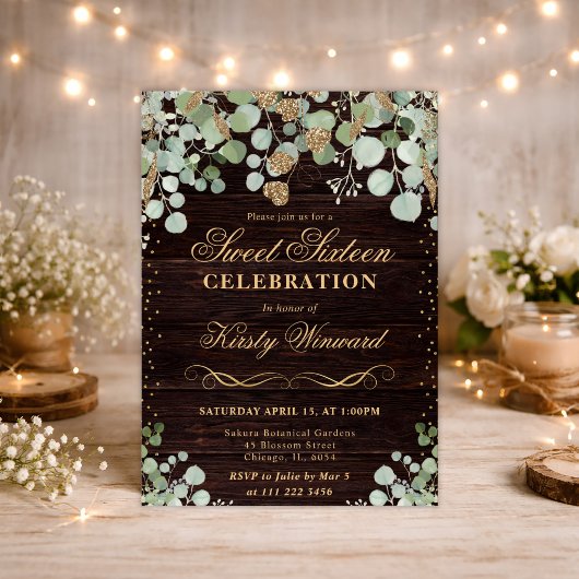 Invitation Aquarelle Rustique Eucalyptus Gold Sweet 16
