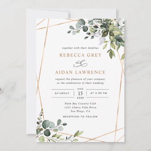 Invitation Aquarelle rustique Eucalyptus Mariage or vert (Devant)