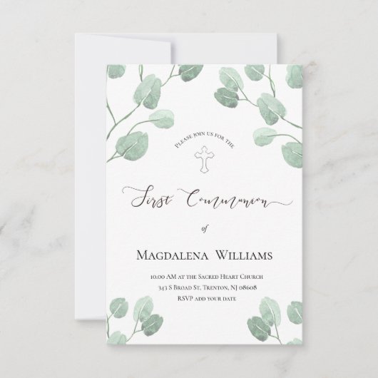 Invitation aquarelle rustique eucalyptus verdure Communion (Devant)