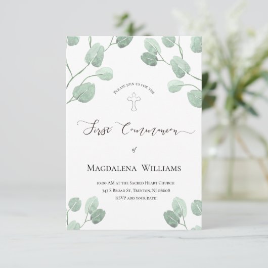 Invitation aquarelle rustique eucalyptus verdure Communion (Debout devant)