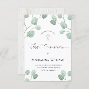 Invitation aquarelle rustique eucalyptus verdure Communion