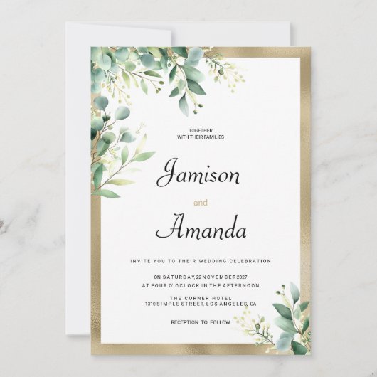 Invitation Aquarelle rustique eucalyptus vert Mariage or (Devant)
