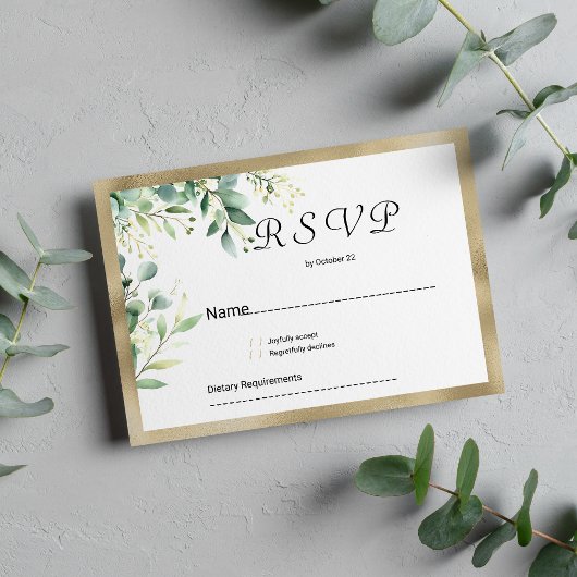Invitation Aquarelle rustique eucalyptus vert or RSVP