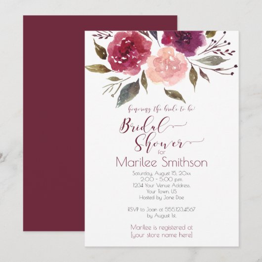 Invitation Aquarelle rustique Fête des mariées florale | (Devant / Derrière)