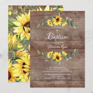 Invitation Aquarelle rustique Fleurs de soleil jaunes Baptême