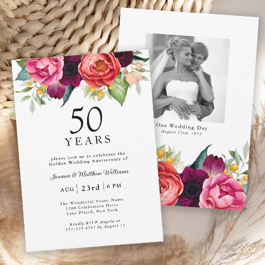 Invitation Aquarelle rustique Floral 50e anniversaire Mariage