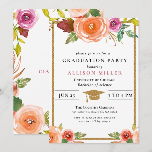 Invitation Aquarelle Rustique Floral Botanical Graduation Inv (Devant / Derrière)