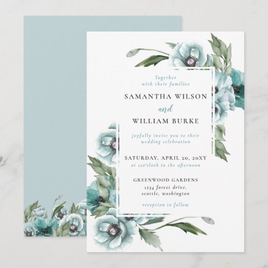 Invitation Aquarelle rustique Floral Dusty Mariage bleu (Devant / Derrière)