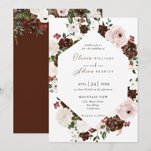 Invitation Aquarelle rustique Floral Mariage géométrique Invi (Devant / Derrière)