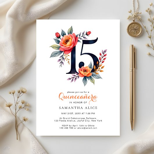 Invitation Aquarelle rustique Floral Numéro 15 Quinceanera