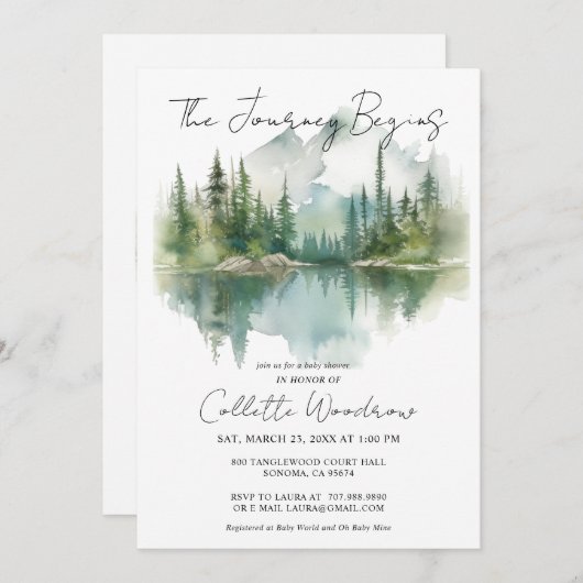 Invitation Aquarelle rustique Forêt Le voyage commence (Devant / Derrière)