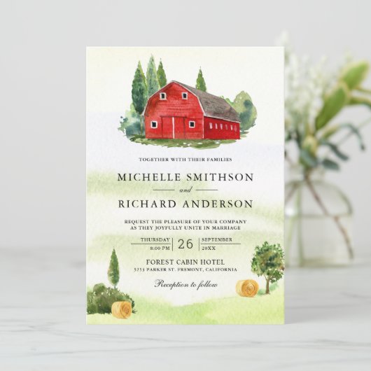Invitation Aquarelle rustique Grange rouge Mariage agricole r (Debout devant)