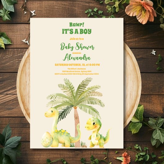 Invitation Aquarelle rustique Jungle Cute Dinosaur Baby showe