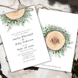 Invitation Aquarelle rustique Mariage monogramme en bois Flor