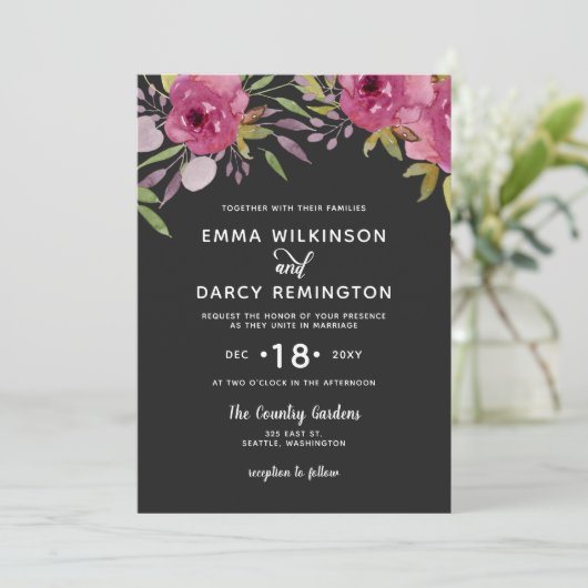 Invitation Aquarelle rustique Mariage rose (Debout devant)