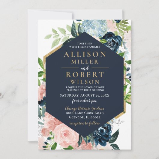 Invitation Aquarelle Rustique Marine Blush or Floral Mariage (Devant)