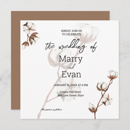 Invitation Aquarelle rustique minimaliste coton mariage (Devant / Derrière)