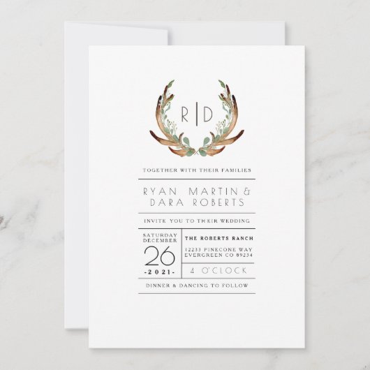 Invitation Aquarelle Rustique moderne Antler | Invite de mari (Devant)
