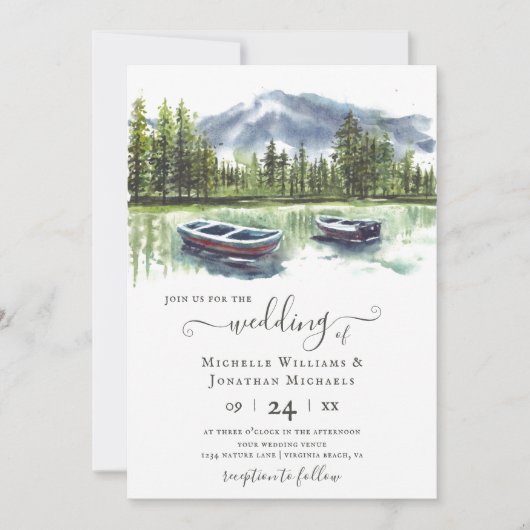 Invitation Aquarelle Rustique Mountain Lake avec Mariage de b (Devant)