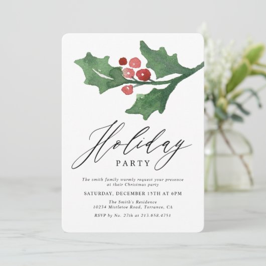 Invitation Aquarelle rustique Noël Holly | Fête (Debout devant)
