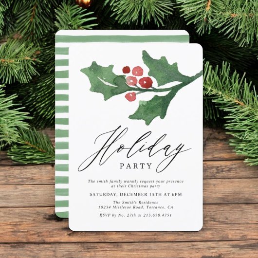 Invitation Aquarelle rustique Noël Holly | Fête