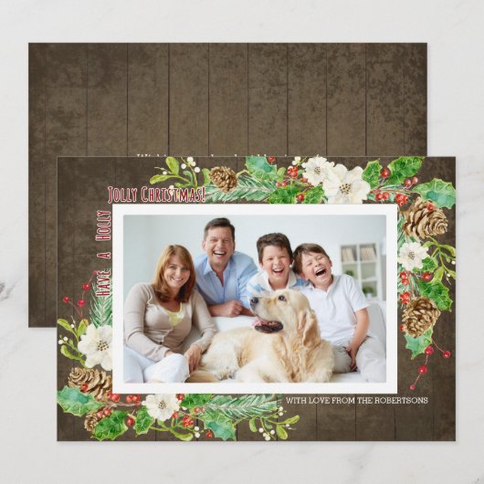 Invitation Aquarelle rustique Noël Holly Jolly Floral (Devant / Derrière)