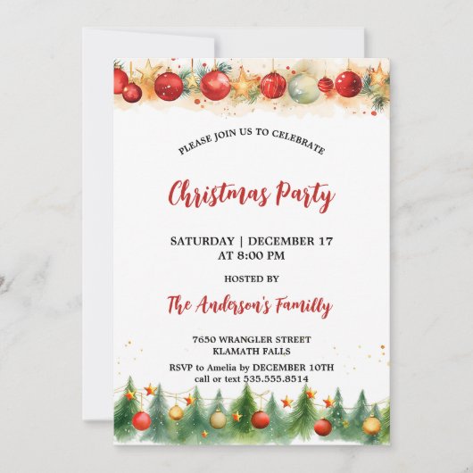 Invitation Aquarelle rustique Ornements et fête de Noël des p (Devant)