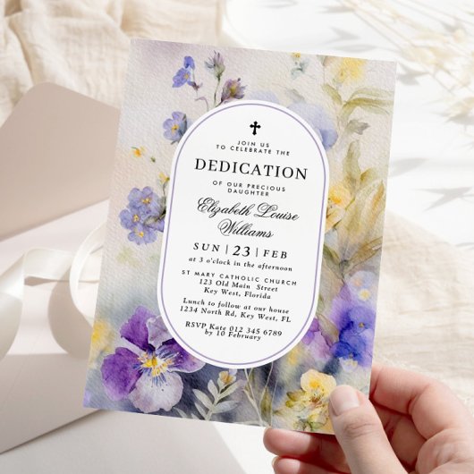 Invitation Aquarelle rustique Purple & Dédication Jaune