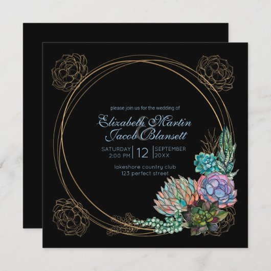 Invitation Aquarelle rustique Succulent, bleu et noir Mariage (Devant / Derrière)