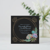 Invitation Aquarelle rustique Succulent, bleu et noir Mariage (Debout devant)