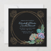 Invitation Aquarelle rustique Succulent, bleu et noir Mariage (Devant)